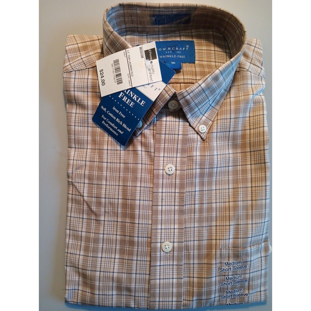 TownCraft Shirt Beige Striped New! Cotton Blend Short Sleeve Medium